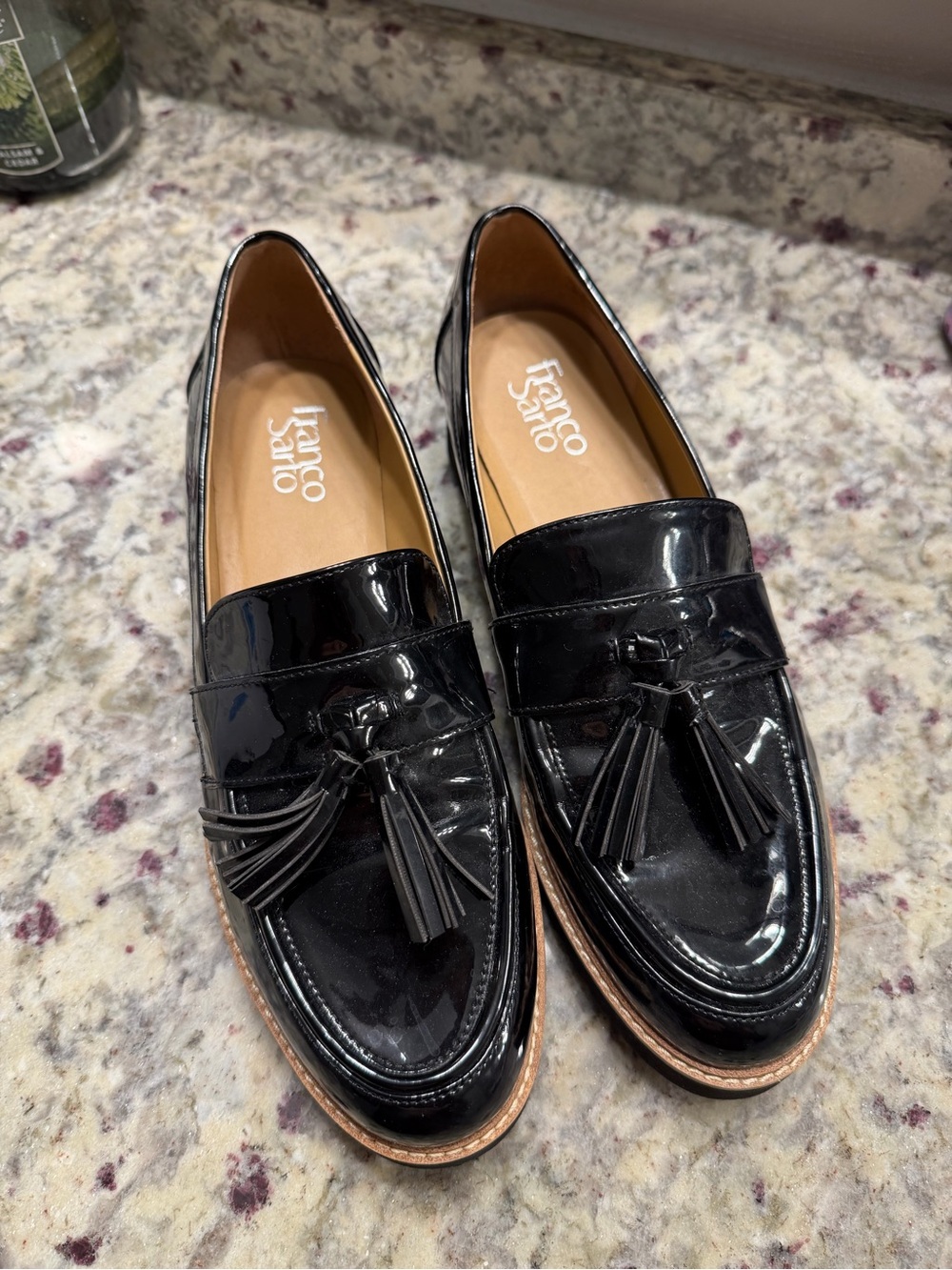 Franco Sarto Patent Black Tassle Platform Sandals Shoes Loafers